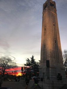 Sunrise at the N.C. State Belltower before the Krispy Kreme Challenge.