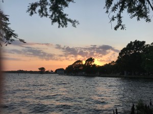 Sunset over buildings and water